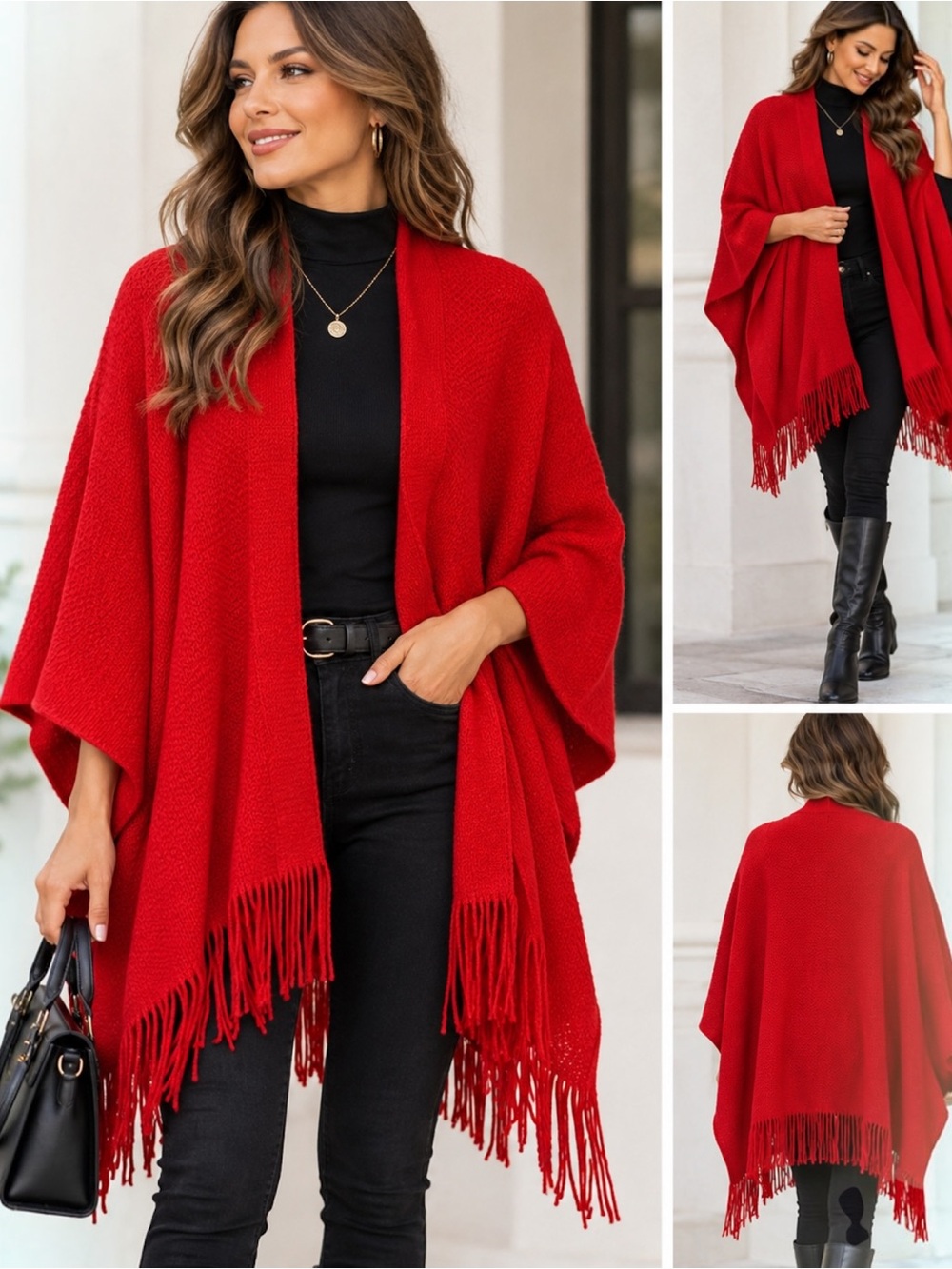 Worthington Red Ruana Poncho Shawl Wrap One Size Fringe 100% Acrylic Open Front